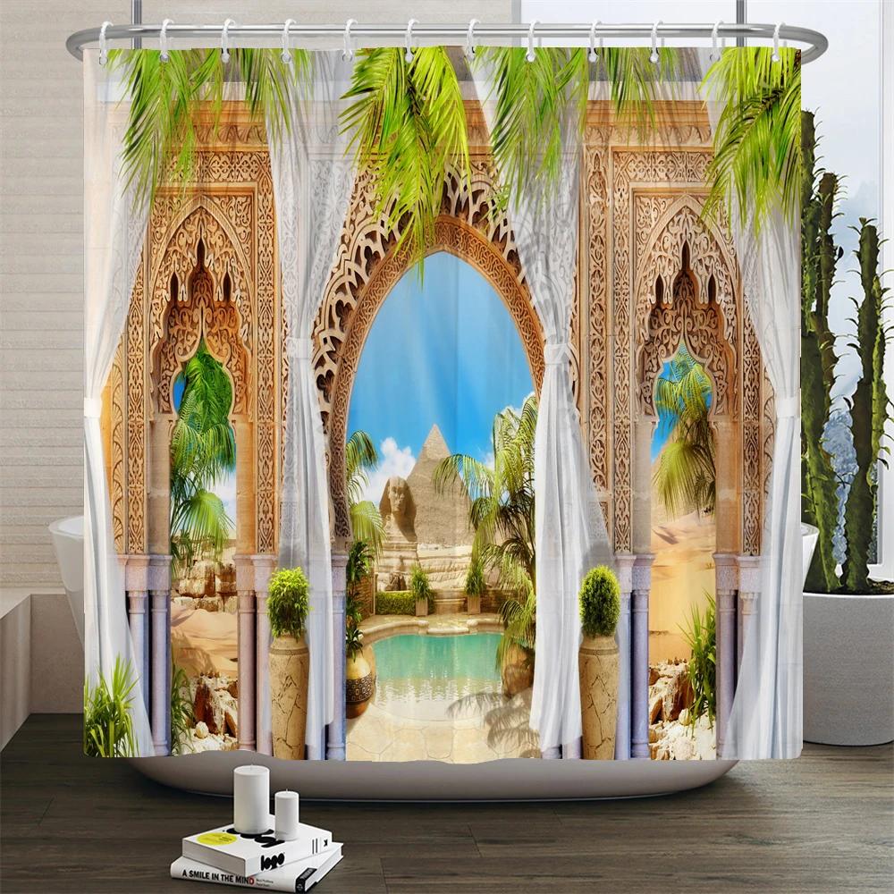 

3D Moroccan Style Shower Curtain European Architectural Landscape Printed Waterproof Polyester Bathroom Curtain Decor With Hooks W90xH180cm