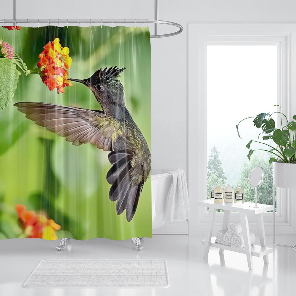 Spring Floral Hummingbird Shower Curtain for Bathroom Watercolor Flowers Birds Fabric Bath Curtains Modern Art Decor with Hook