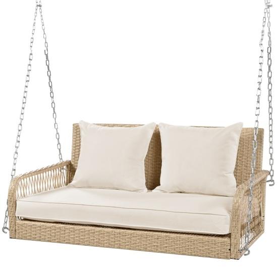 Metallketten-Schaukelstuhl mit Sitz- und Rückenpolstern Rattan-Geflecht Doppelsitze Waschbar Garten-Hänge-Schaukel-Lounge Zuhause