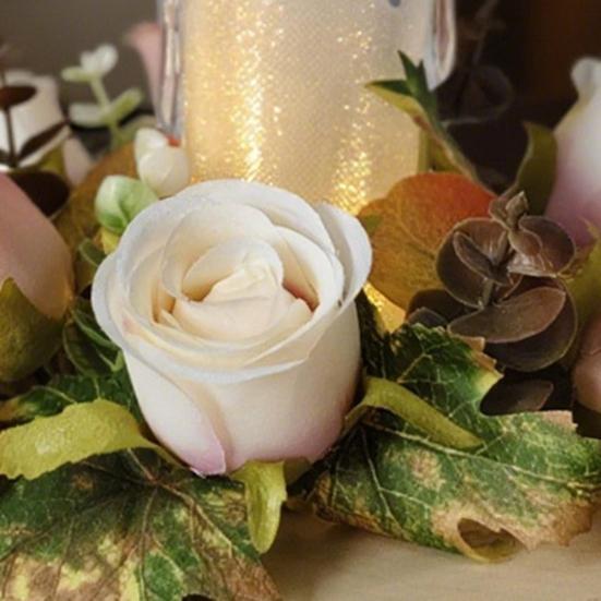 Artificial Rose Candle Ring Fake Rose Wreath with Maple Leaves Pillar Candle Wreath Table Centerpieces for Home Candlelight Dinner Wedding Party Decor