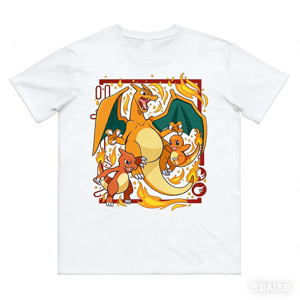 Pokémon Charmander Evolutie Bedrukt Puur Katoen T-shirt Mannen en Vrouwen LenteZomer Nieuwe Collectie Mode Korte Mouwen Shirt