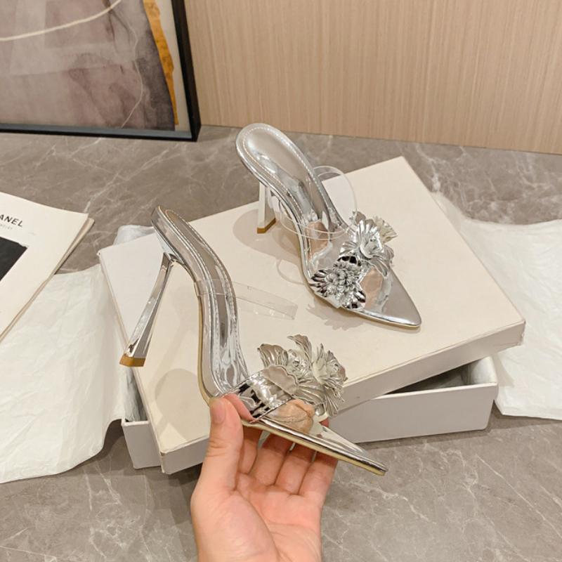 Fashion Fashion Gold Silver High Heels Slippers Women Leather Flowers Designer Sandals Sexy Pointed Toe Summer Party Dress Shoes