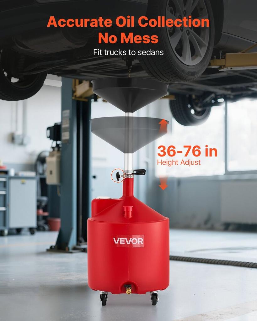 68L Waste Oil Drain Tank, Industrial Fluid Drain Tank with Adjustable Funnel Height, Portable Oil Drainer with Wheels, Fluid Fuel Transfer Drainage