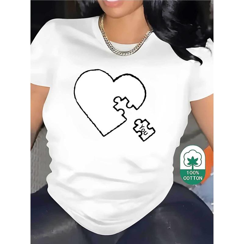 

European size Wo Black White Jigsaw Heart Puzzle Print T Shirt Tpure 180gsm Relaxed Fitrendy Sleeve Round Neck Casual Summer Top for Daily Wear Travel S белый