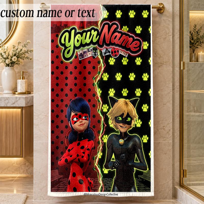 Beach TowelMiraculous Ladybug Custom Name Text Personalized Soft Towel for Beach Pool Indoor Home Decor Gift