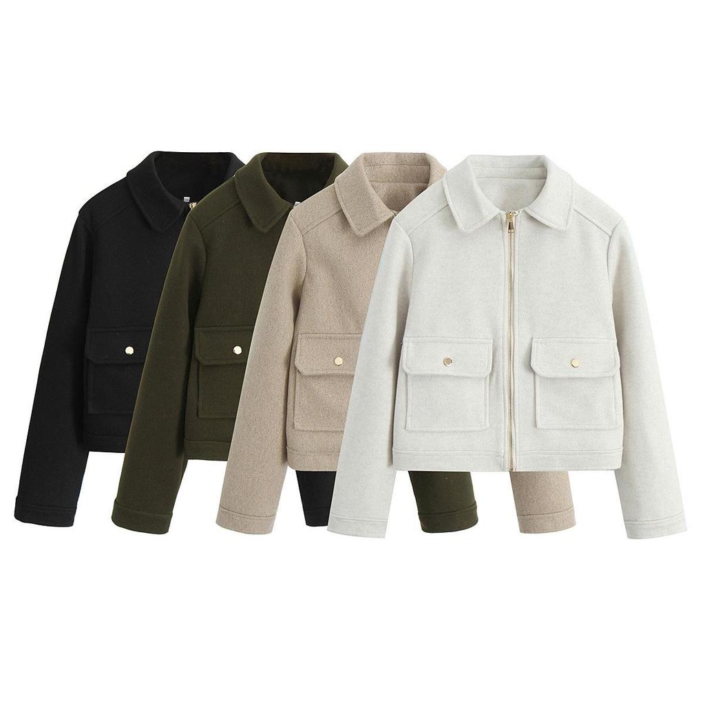TAOP&ZA Early Spring Soft Jacket with Zipper Detail and Turn-Down Collar, Long Sleeve, Short Outerwear