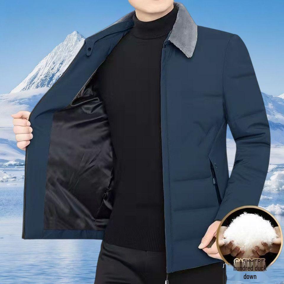 Men's Middle-Aged Warm Down Jacket with Detachable Fur Collar and Fleece Lining