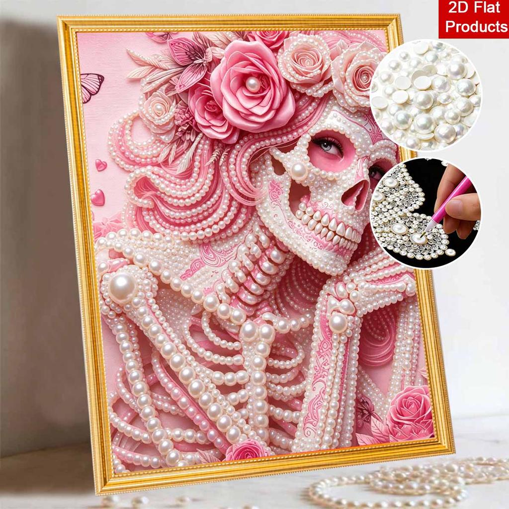 Halloween pink pearl skull floral painting art full pearl handmade diy home decorations