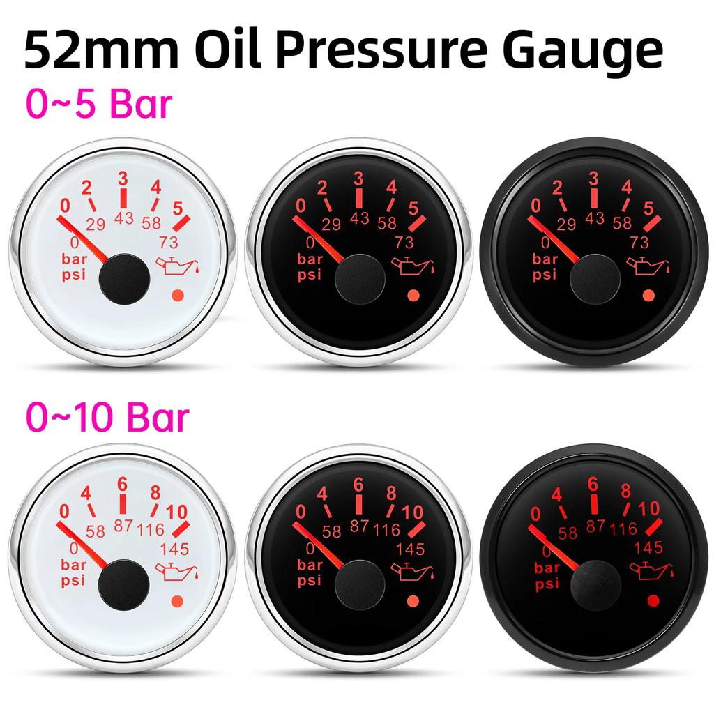 52mm Oil Pressure Gauge With Alarm LED Red Backlight 0-5bar 0-10bar psi Oil Press Gauge Universal for 12V 24V Car Boat Marine