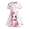 Cute Cat and Pink Heart-shaped Printed T-shirt Dress, Children's Animal Lovers Floral Casual Dress Suitable for Birthday Gifts