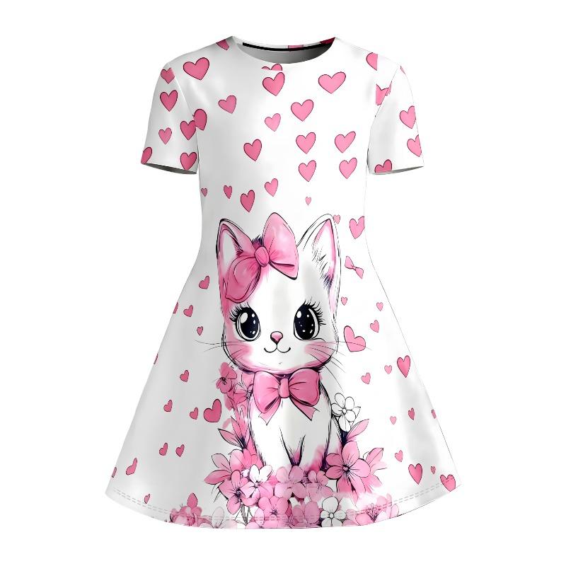 Cute Cat and Pink Heart-shaped Printed T-shirt Dress, Children's Animal Lovers Floral Casual Dress Suitable for Birthday Gifts
