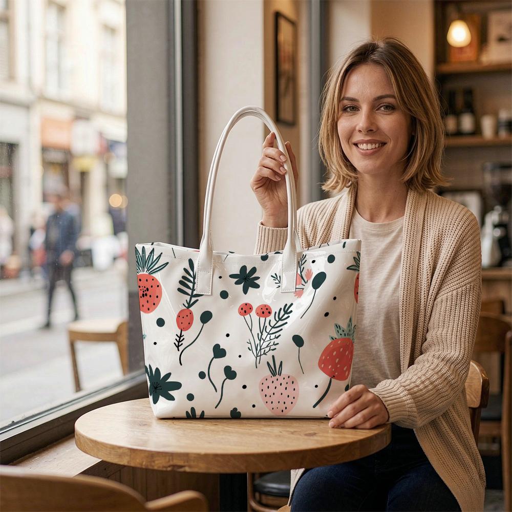 Cute Strawberry Print Tote Bag Fashion Daily Casual Shoulder Bag for Women Large Capacity Portable Handbag