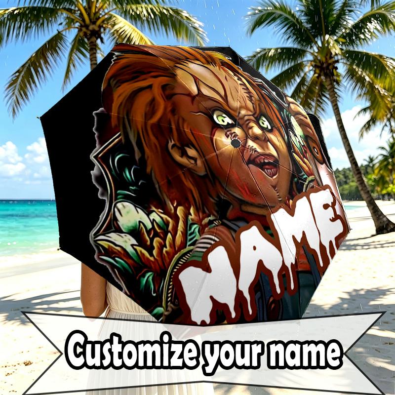 Custom Name Personalized Bride of Chucky Print Umbrella, Auto Open Close, 8‑Rib Sturdy Frame, Commute Camping Hiking Use, Birthday Gift
