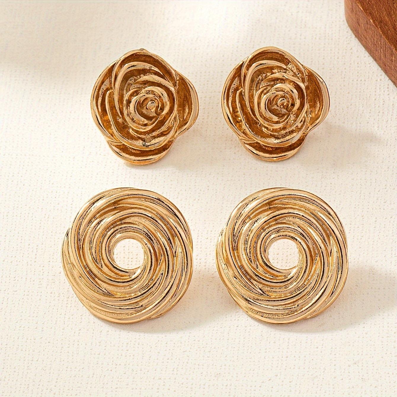 1 set of 2 pairs of wind simple personality trend design stud earrings pure metal coil rose stud earrings