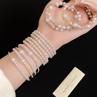Iridescent Pearl and Diamond Multi-Layer Open Cuff Bracelet - Exquisite European and American Design