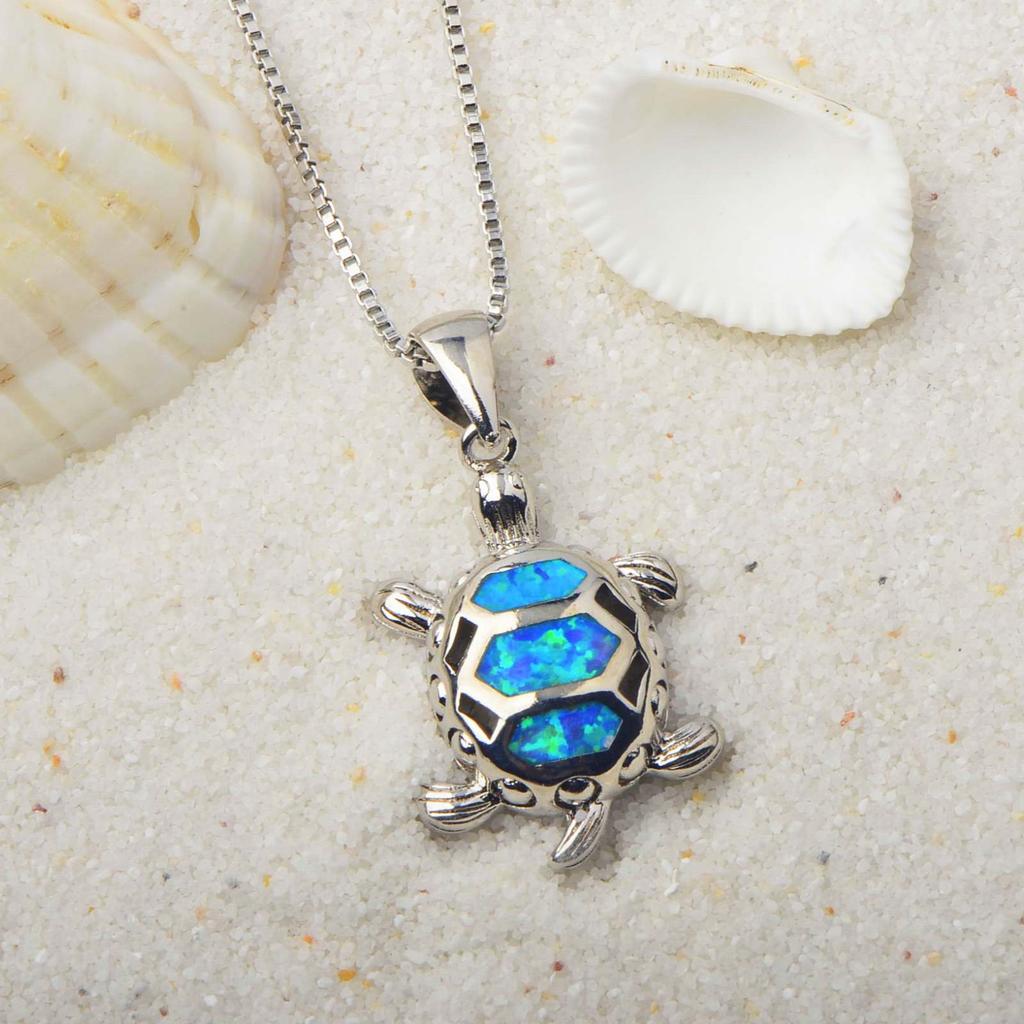 Women's Marine Turtle Opal Pendant Necklace with Sweater Chain Silver Plated Copper Alloy Blue Fire Opal Inlaid Coastal Design