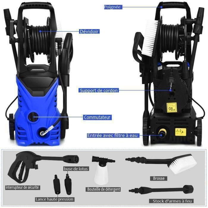COSTWAY Pressure Washer 140Bar with Flexible Hose 5M 300L/H,Accessories Lotus nozzle,High Pressure Nozzle Blue Soap Pot