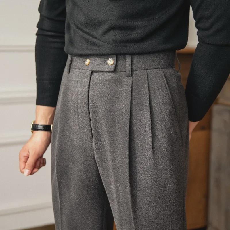Men's High Waist Woolen Suit Pants: Warm, Straight-Leg, Solid Color, All-Match Autumn/Winter Style.