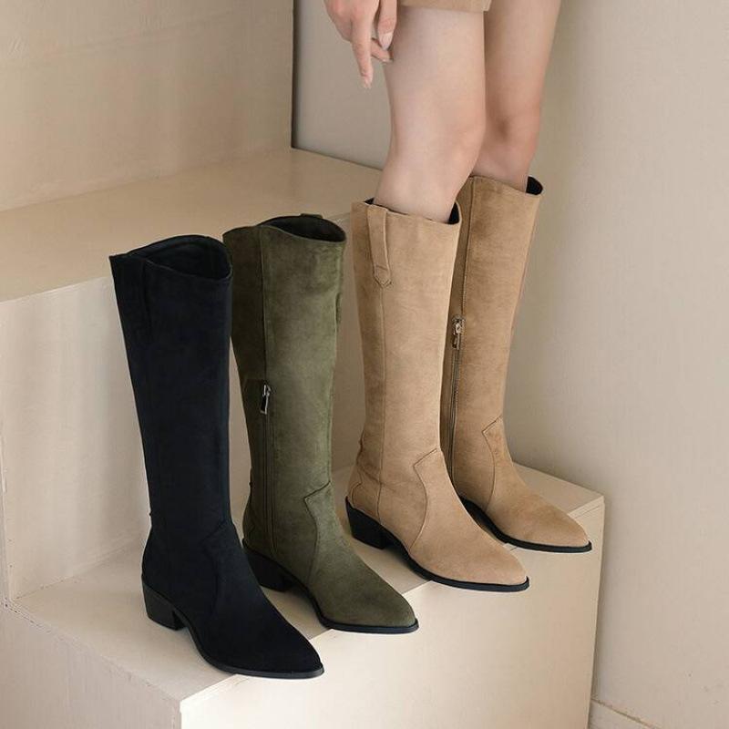Höst- och vinter dammode stövlar med mellanhög klack enfärgade mellanhög klack spetsiga stor storlek damstövlar fyrkantig klack ny gummisula höga stövlar