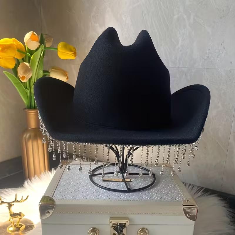 European and American Style Western Cowboy Hat Fringed Rhinestone Autumn and Winter Hat Women's French Retro Jazz Top Hat
