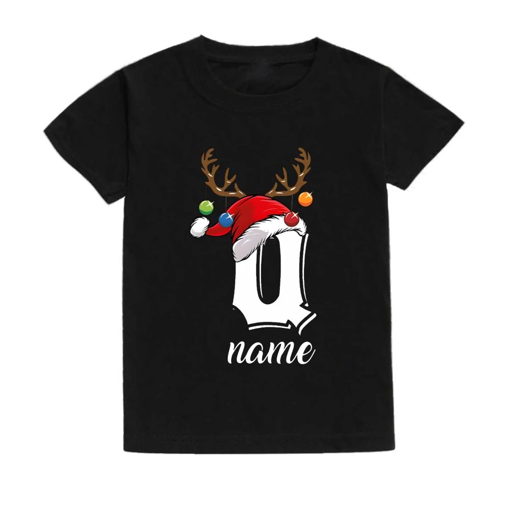 Christmas Kids T Shirt Initial with Name Child Clothes Tops Boy Girl Xmas Party Outfits Children Holiday T-shirt