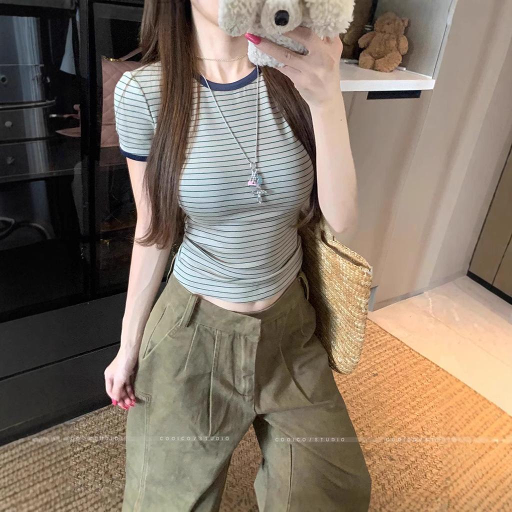 Retro Contrasting Striped Short-sleeved T-shirt Women's Summer New Small Tight Round Neck Front Shoulder Short Top