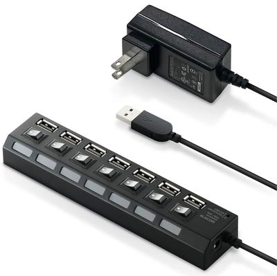 Elecom Hub USB 2.0, 7 portów, z zasilaczem AC, kompatybilny z zasilaniem własnym/z magistrali, indywidualne włączniki, 2,0 m, czarny, U2H-TZS720SBK