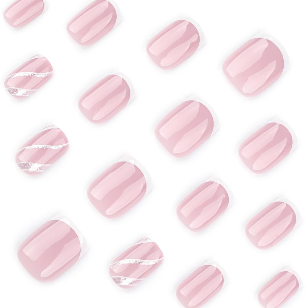 24 Stück einfache weiße künstliche Nägel, kurze quadratische Nagelkunst, wellig, flash-rosa gestreift, tragbare Nägel