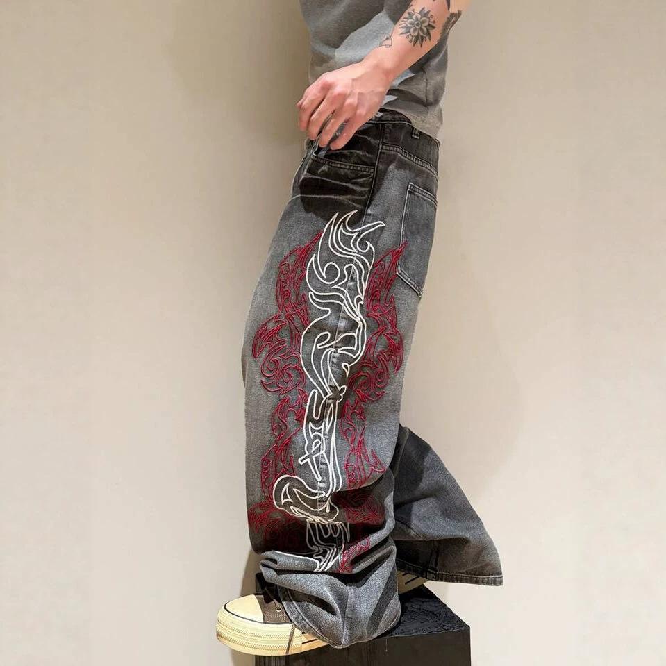 Europäische und amerikanische Sommer amerikanische lockere Stickerei gerade Röhre Trend Hip-Hop Jeans hi