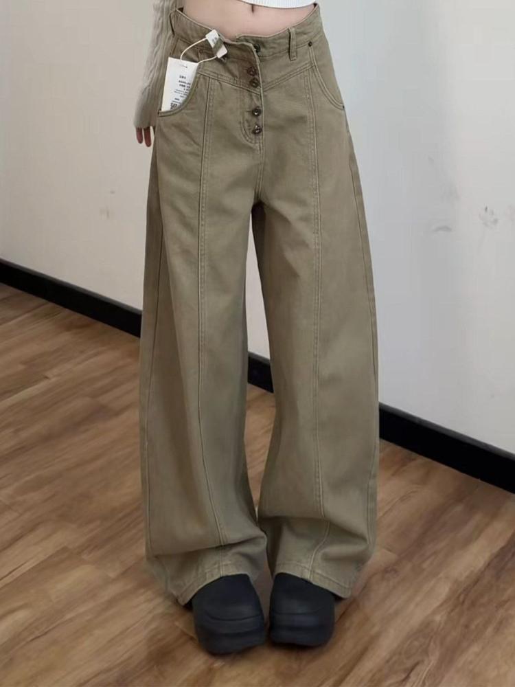 Khaki Pants Female Design Sense American Wide-leg Overalls Plus Size Slim Machete Jeans Spring