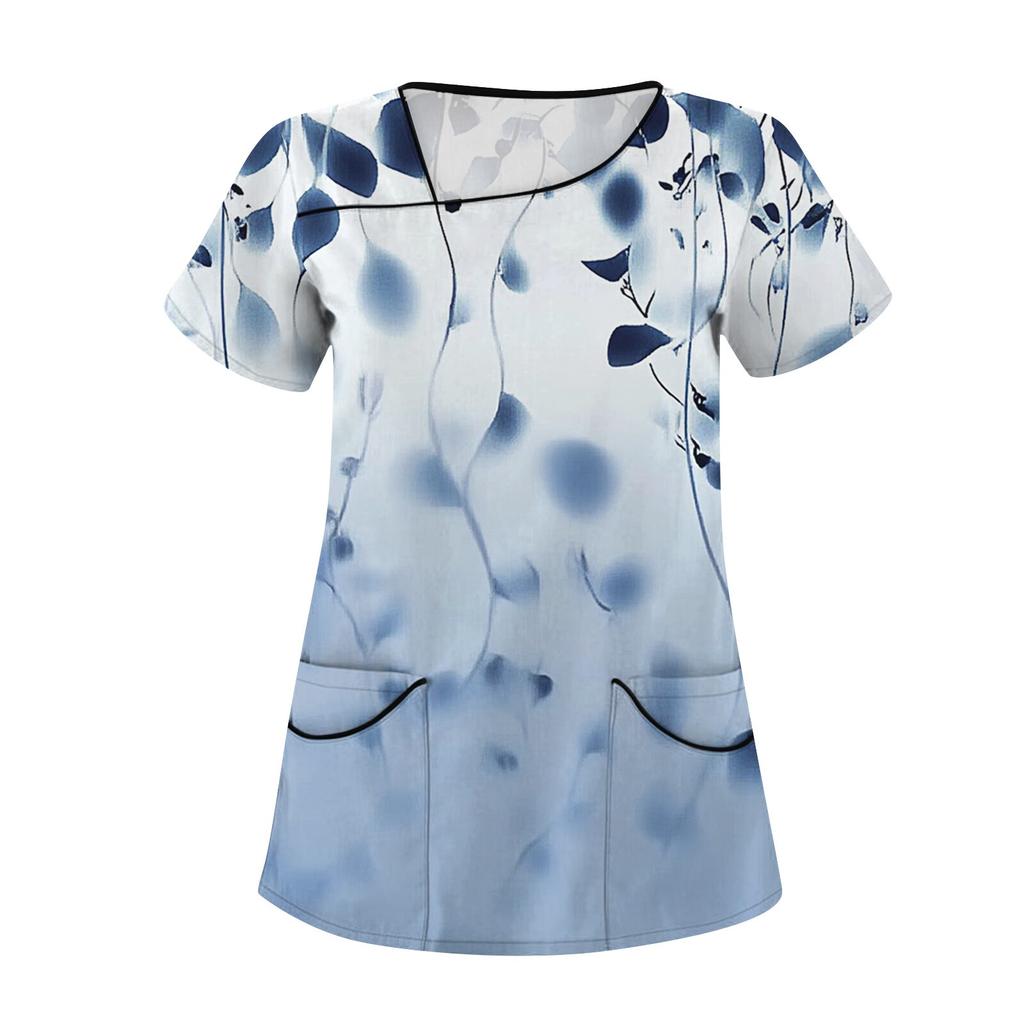 Women's Casual  Print Short Sleeve Sloping Collar Workwear Top With Double Pockets