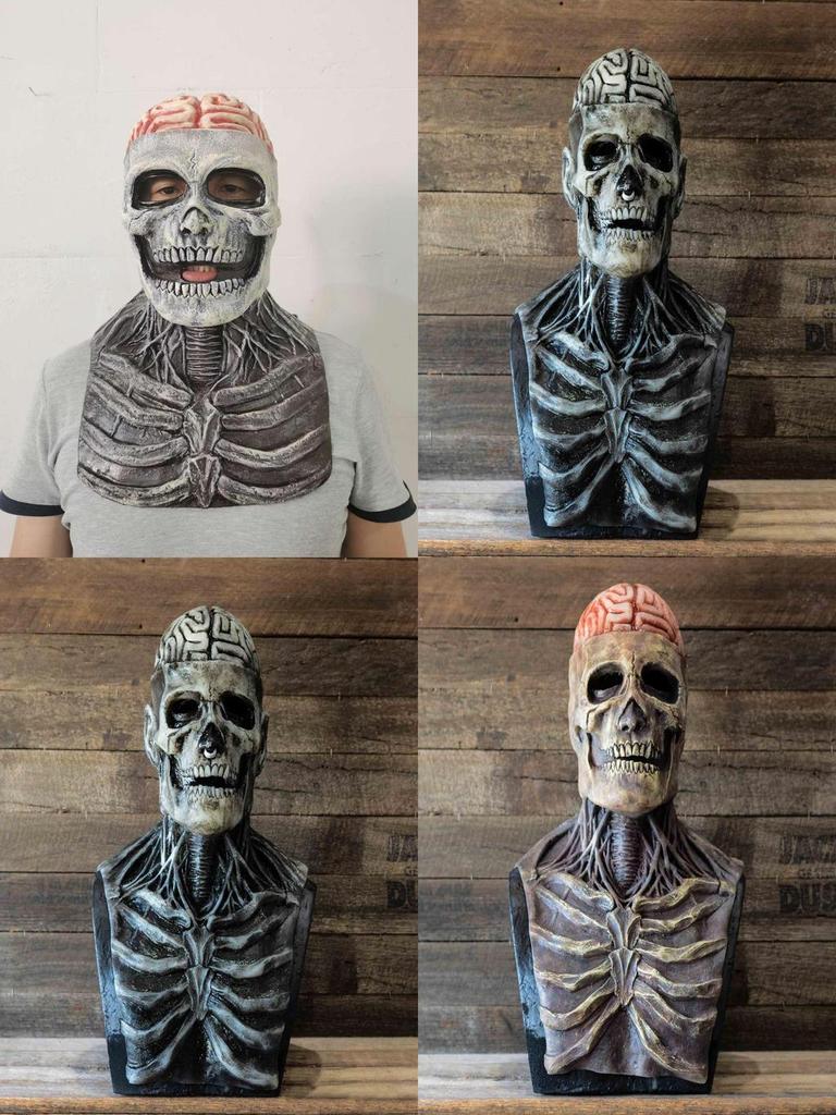 Zlověstná kostlivá biochemická maska pro halloweenské převleky, celoobličejová silikonová rekvizita s přiloženým kloboukem