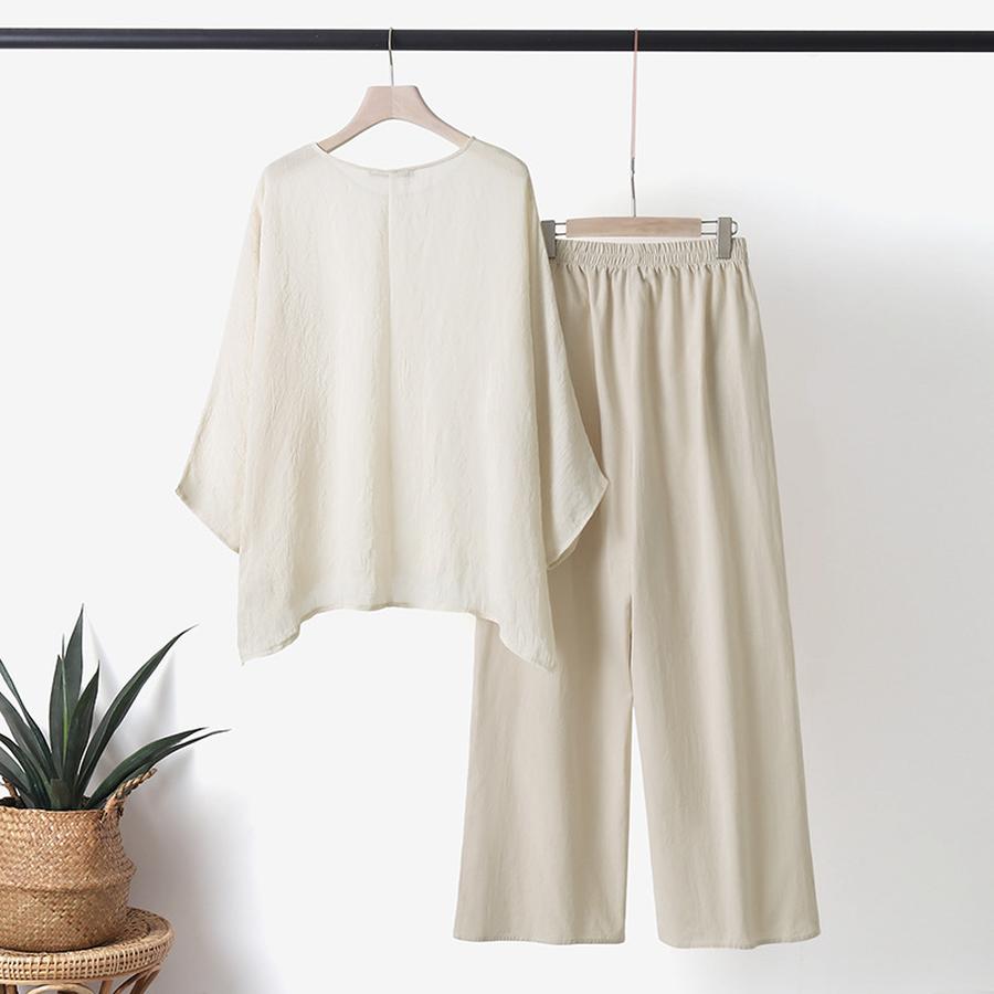New Women's Cotton Linen Fashion Casual Plus Size Asymmetrical Long Sleeve Set Wide Leg Pants Two Piece Outfit