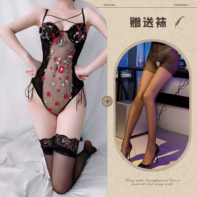Sexy Ladies Mesh Embroidery Perspective Onesie Sexy Pure Sexy Underwear Set