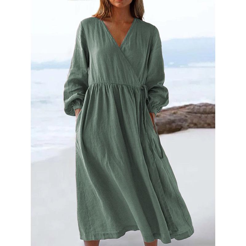 Damska lniana sukienka z wysokim stanem, luźny krój, gładki kolor, prosty styl, letnia sukienka midi