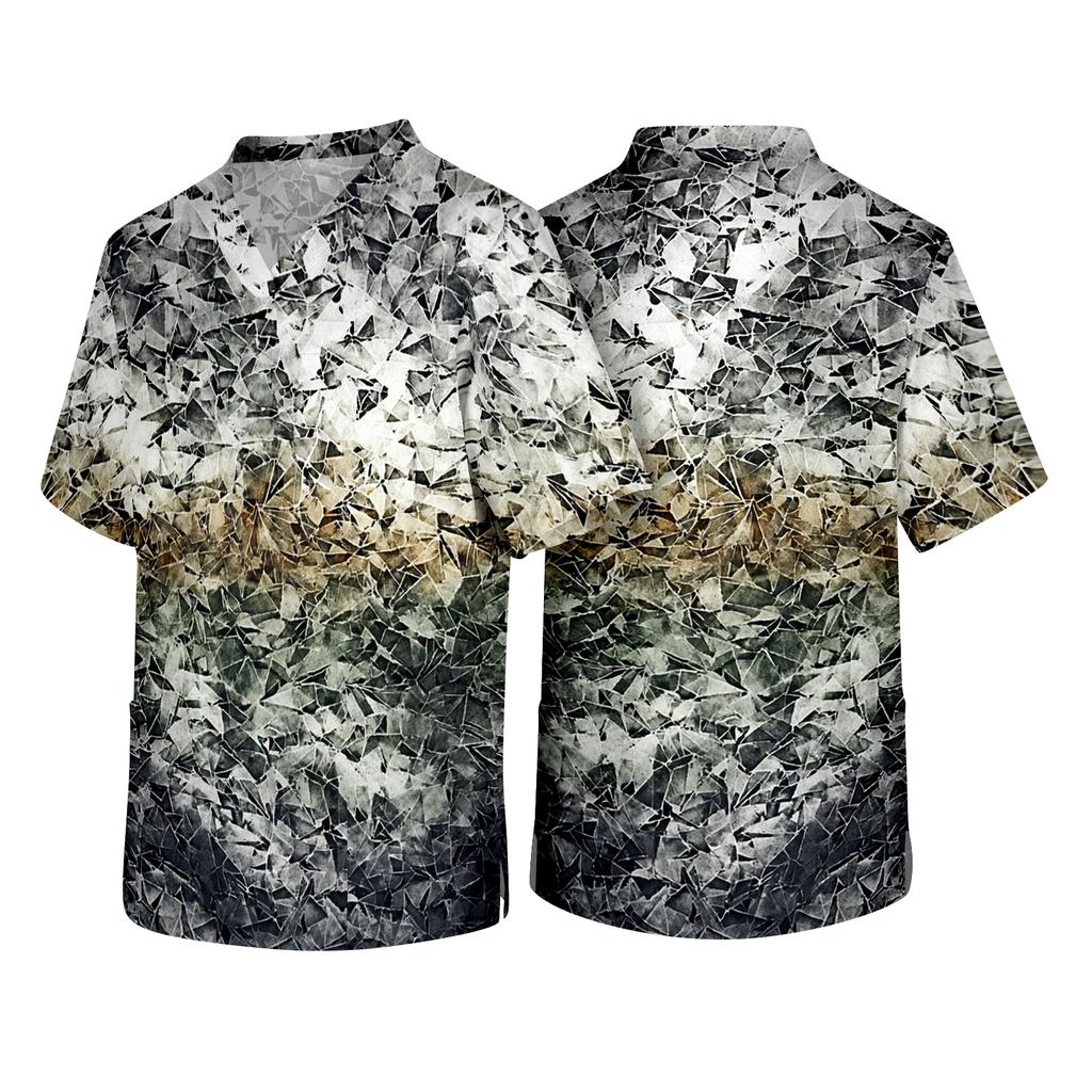 Men's V Neck Short Sleeve Textured Print Pocket Scrub Top Lightweight Breathable Fabric Medical Uniform Shirt for Healthcare Professionals