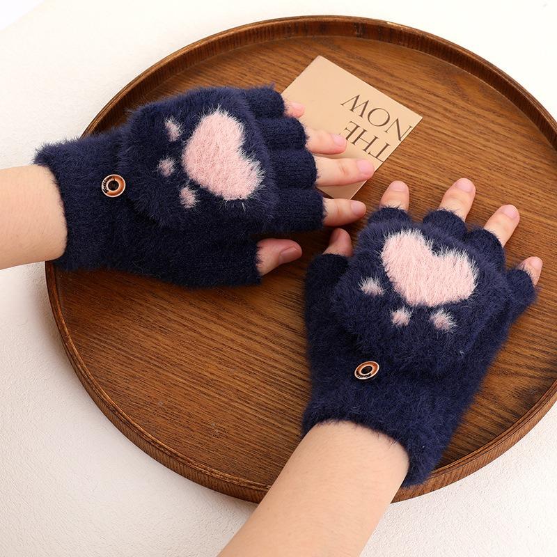 Winter Thicken Cat Paw Pattern Gloves for Women Girls Outdoor Warm Plush Mittens Fashion Solid Soft Plush Half Finger Gloves