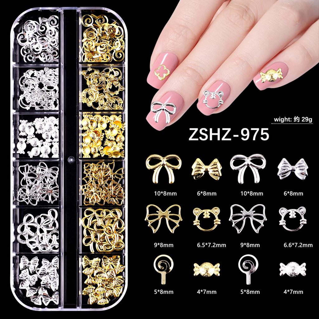 Japanese Bow Strip Box, Gold And Silver Nail Art Rivets, Half A Piece, Round Beads, Small Rice Grains, Butterfly Metal Nail Patch.