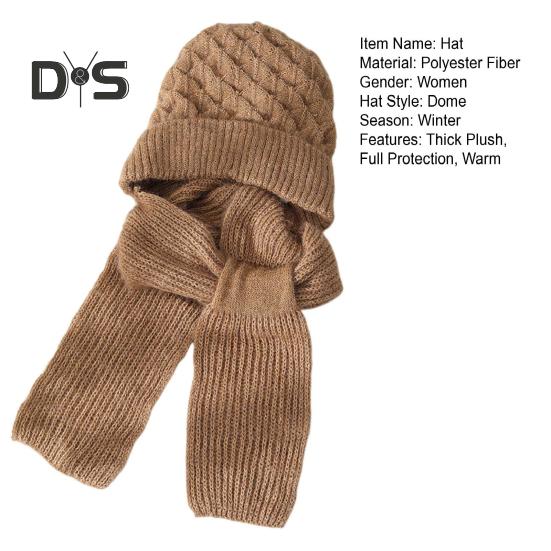 Women Winter Hat with Integrated Scarf Thick Warm Knitted Windproof High Elasticity Full Protection Outdoor Travel Cold Weather Cycling Cap