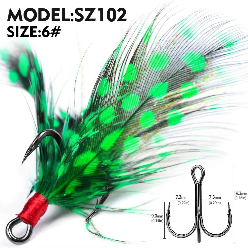 Größe 6#-10# Scharfe Drillinge mit Widerhaken Kohlenstoffstahlmaterial Feder-Jig Angelhaken Stärkedesign Federdekoration
