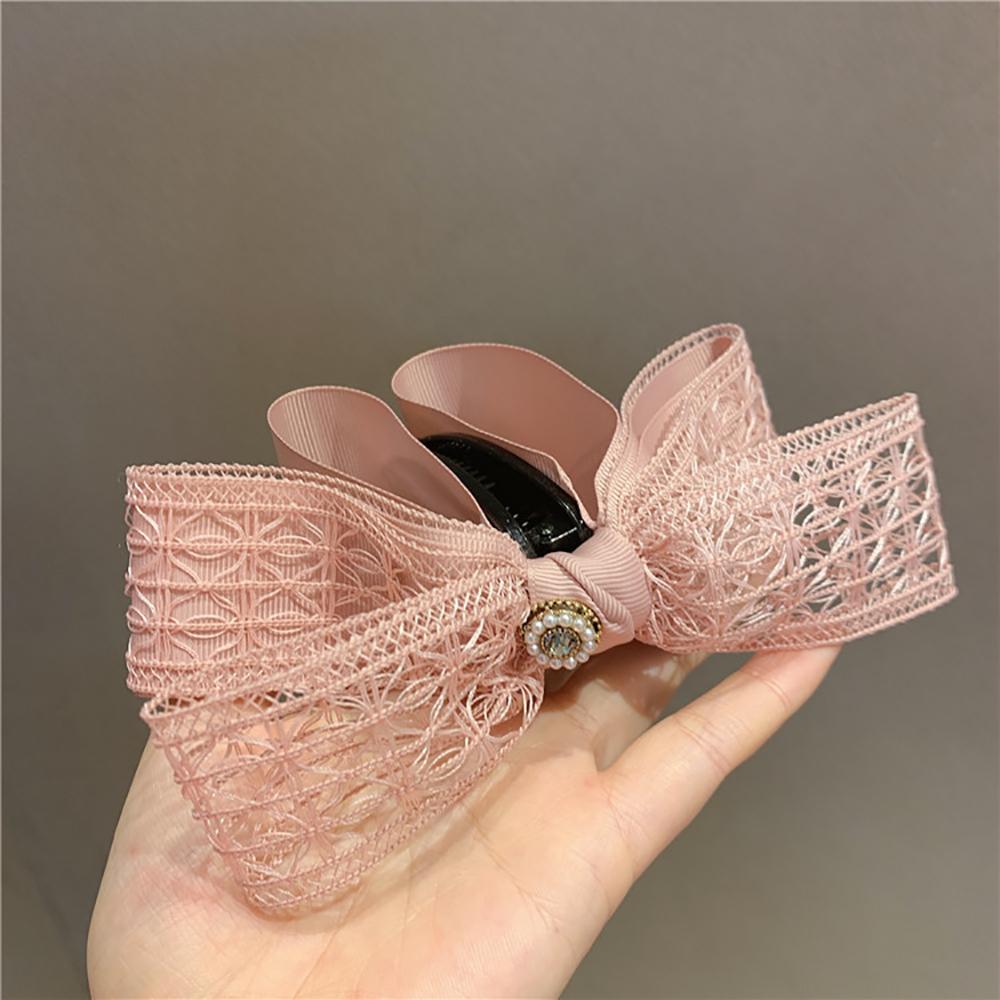 Korea Sweet Lace Pearl Women Vertical Clip Bow Banana Clip Ponytail Clip Hair Accessories