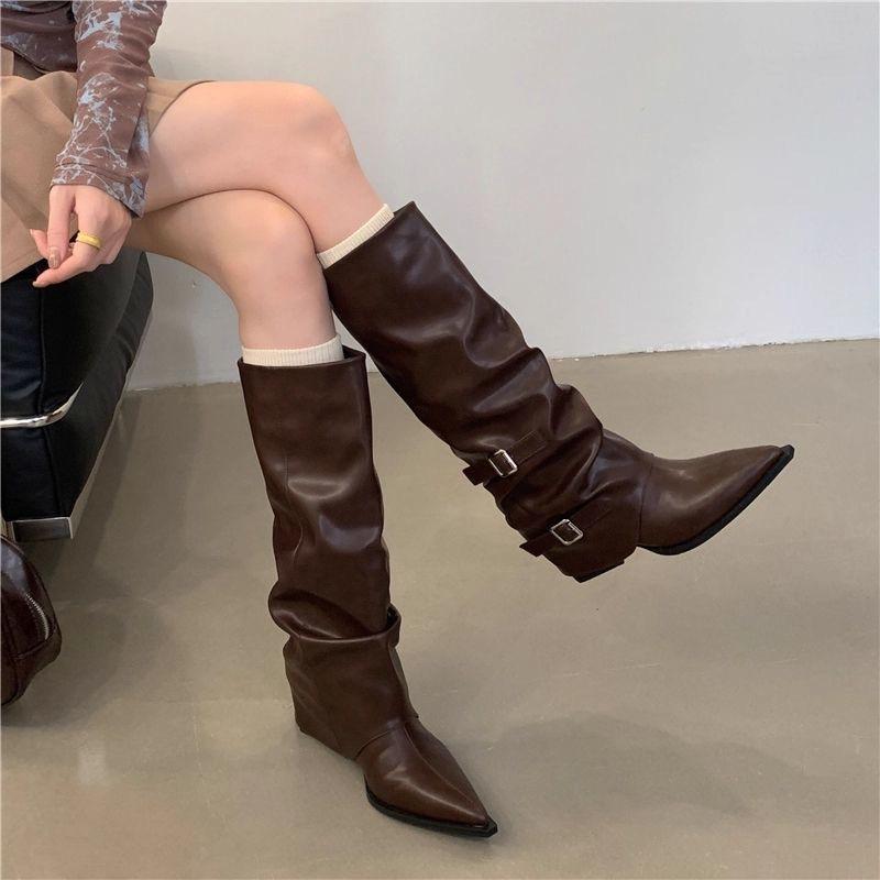 Soft Leather Pointed Pants Boots Pleated Pile Boots Thick Heel Punk Knight Boots Fried Street Spice Girls High Heel Boots
