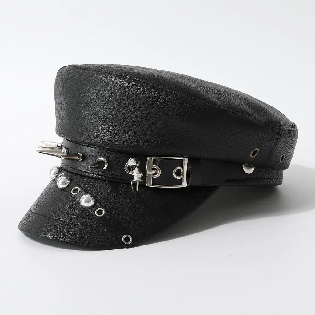 Y2K Leather Rivet Show Navy Cap Skinny Cap New Niche Punk Hip Hop Wind Beret Black PU Military Cap Harajuku Gothic Lolita Hat
