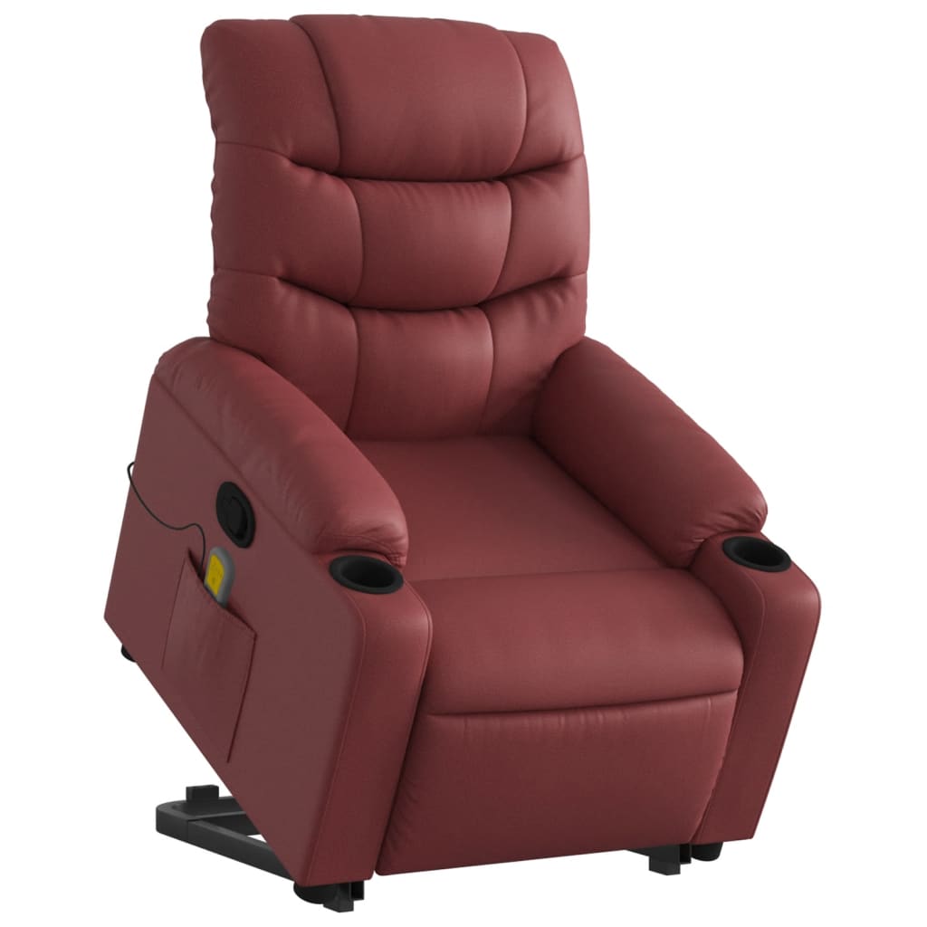 Massage Recliner with Rising Function Burgundy Artificial Leather