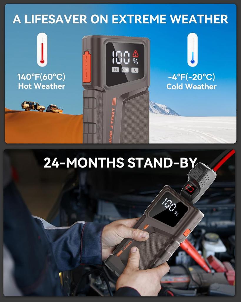 2000A Portable Car Jump Starter 12V with LCD Display, USB QC3.0, LED Light, Jumper Cables