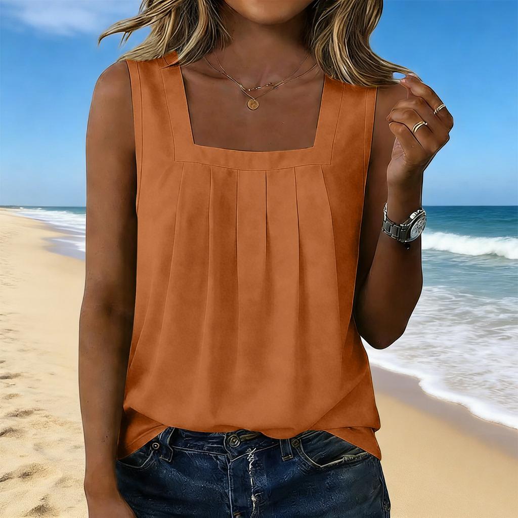 Women’s Square Neck Pleated Tank Top Sleeveless Casual Blouse Loose Fit Lightweight Pullover Shirt for Daily Wear