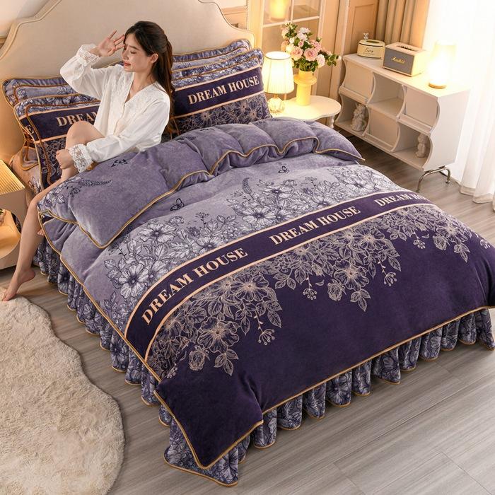 Thickened Milk Fleece Four-Piece Warm Double-Sided Coral Fleece Quilt Cover Flannel Sheet Bed Skirt Bedding
