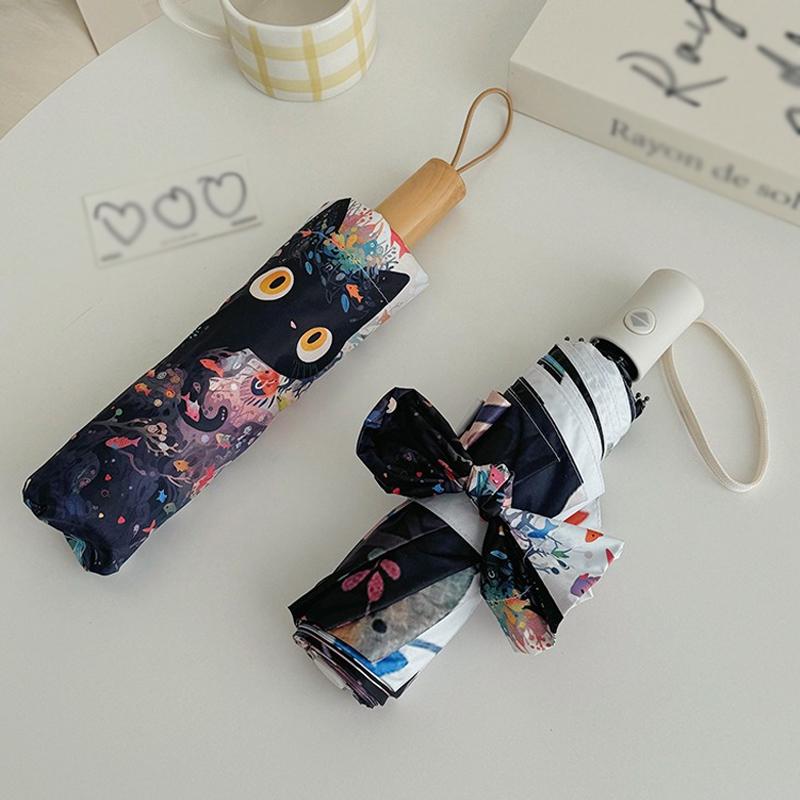 Cute Cartoon Fish and Cat Folding Umbrella Sun Protection Rain-proof UV Protection Umbrella Fully Automatic Sun Umbrella