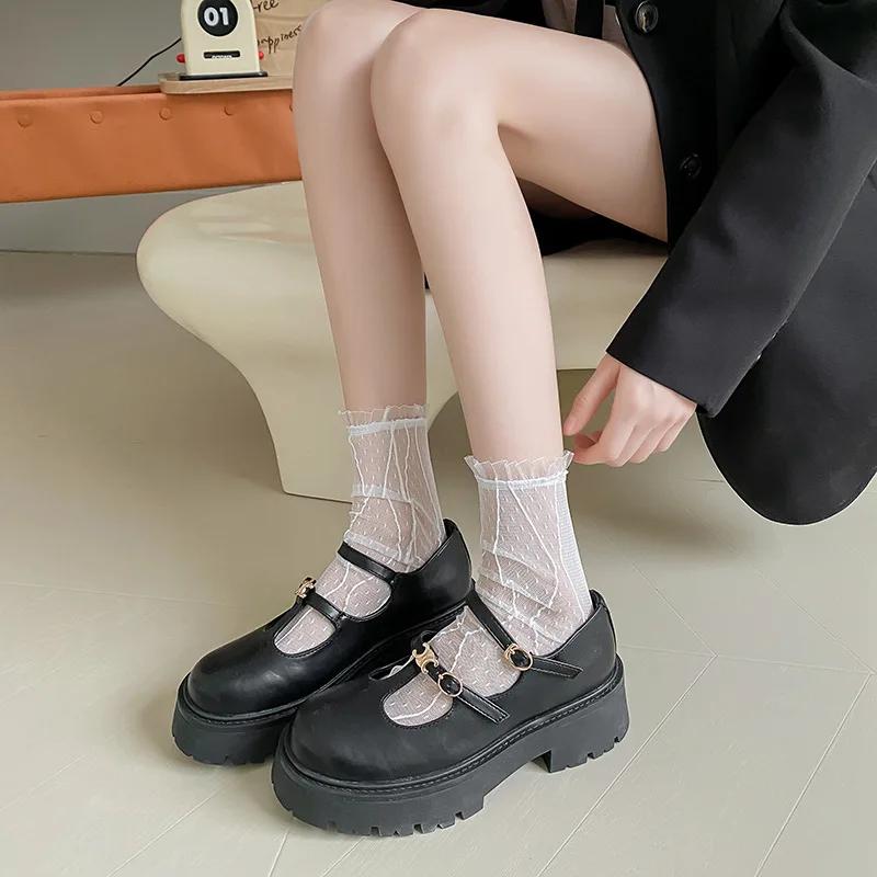 Ruffle Socks Women Summer Ultra-thin Transparent Solid Color Loose Long Socks JK Lolita Sweet Girls Cute Mesh Fishnet Lace Socks