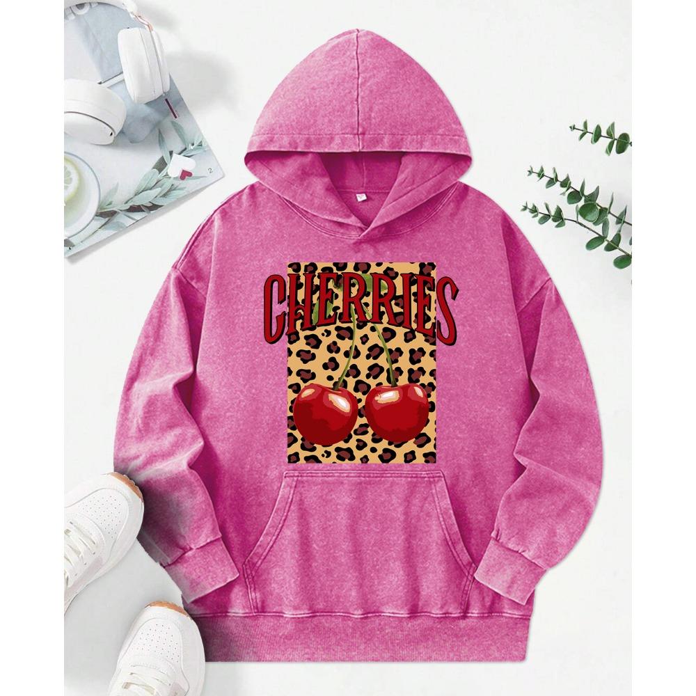 Leopard Cherry Creative Printing Women Washed Hoodie Loose Fashion Streetwear Autumn Multicolor Hoody Cotton Pullover